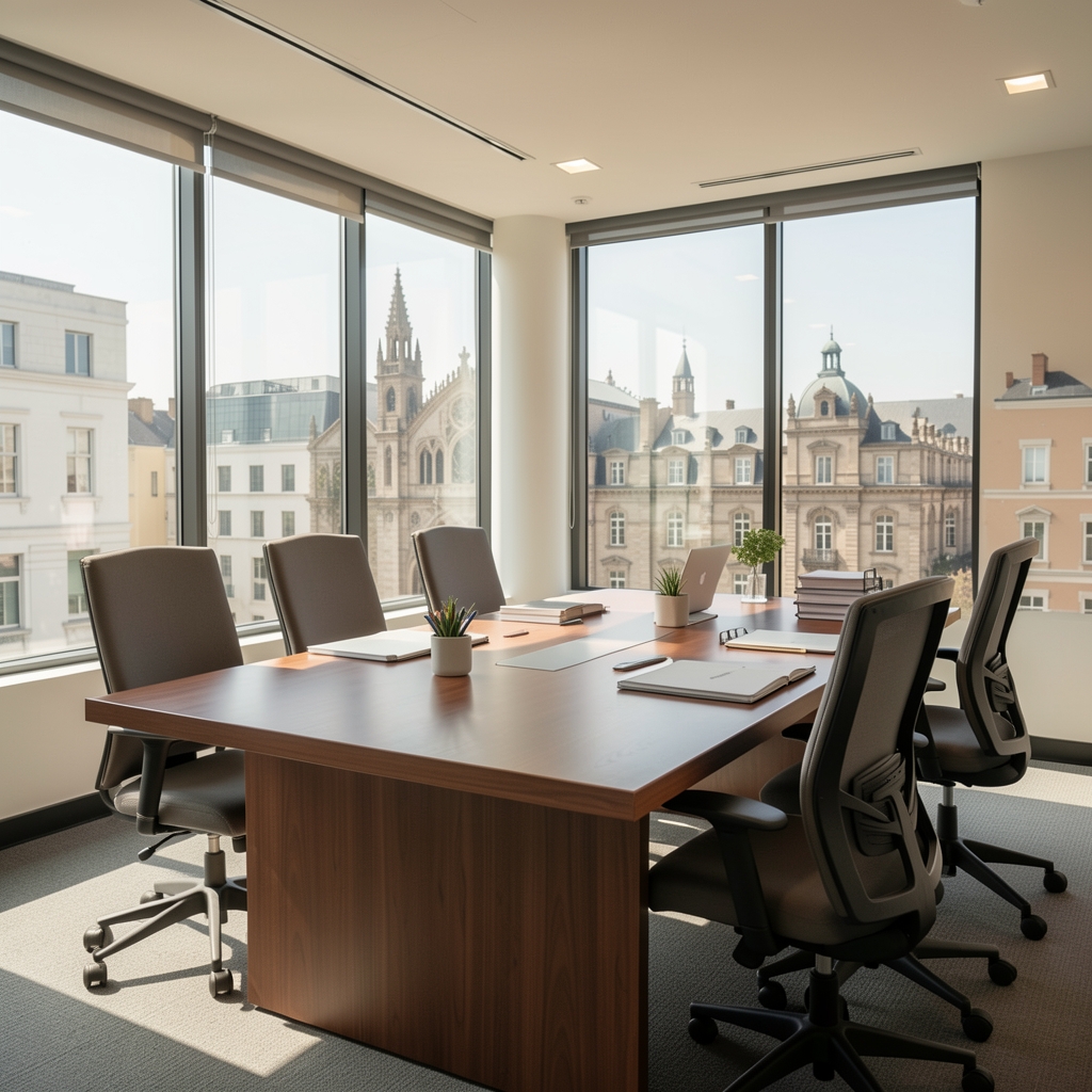 Sala de reuniones de un estudio contable en Buenos Aires con una mesa de madera, sillas de oficina y ventanales con vista a la Avenida Santa Fe