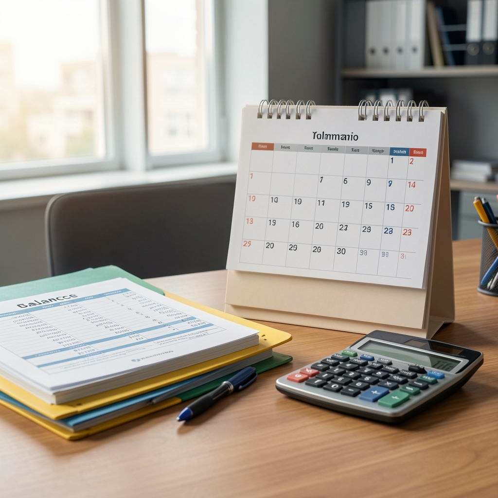 Calendario de escritorio con fecha marcada junto a carpetas de balance contable y una calculadora sobre un escritorio de oficina