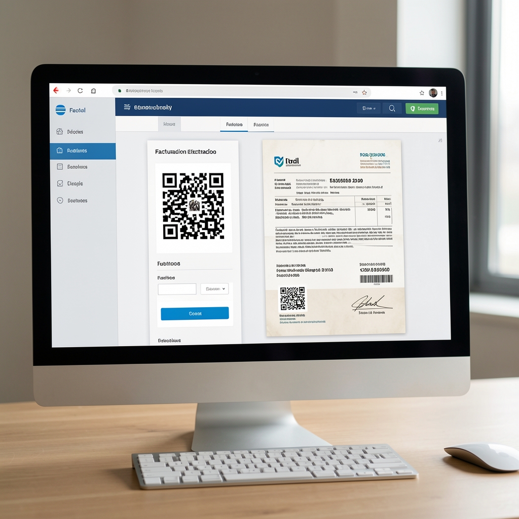 Pantalla de computadora mostrando un sistema de facturación electrónica con código QR y comprobante fiscal argentino