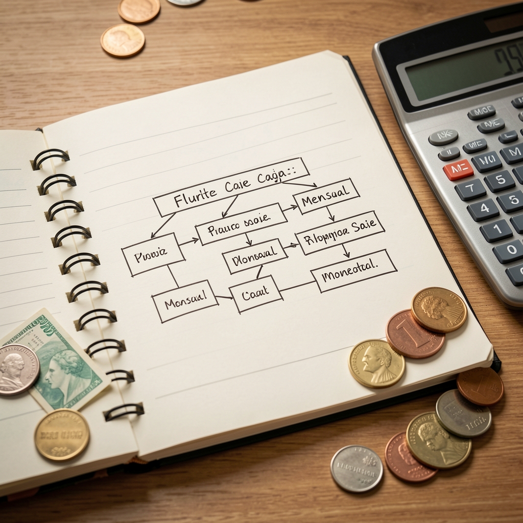 Gráfico de flujo de caja mensual dibujado a mano sobre un cuaderno junto a monedas argentinas y una calculadora