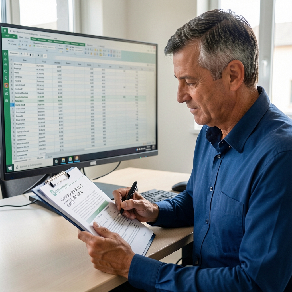 Contador revisando normas internacionales de información financiera en una carpeta impresa junto a una pantalla con planillas de cálculo
