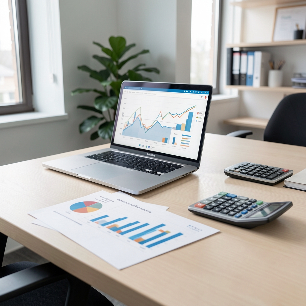 Escritorio de oficina contable moderna en Buenos Aires con laptop, gráficos financieros impresos y calculadora sobre un escritorio de madera clara