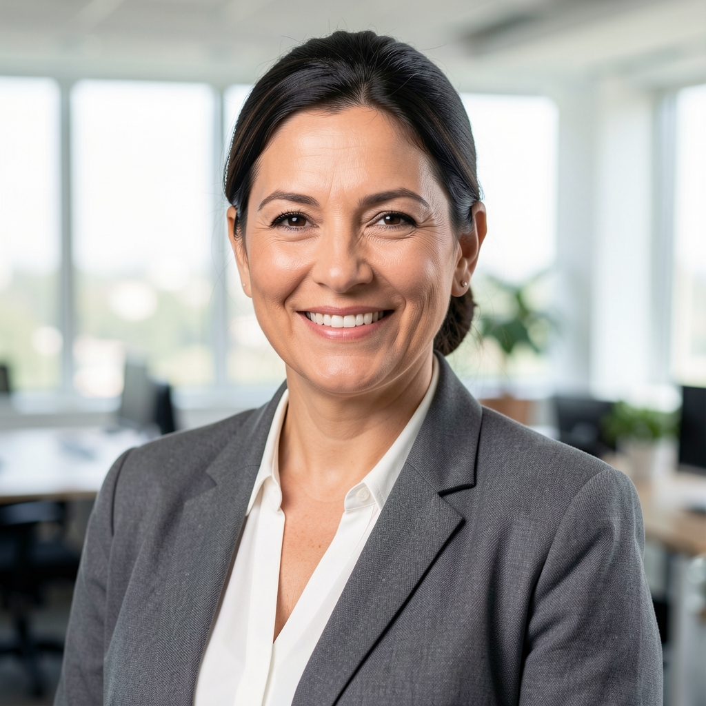 Retrato profesional de una contadora pública argentina de unos 40 años, cabello oscuro recogido, sonriendo, vestida con blazer gris en una oficina moderna